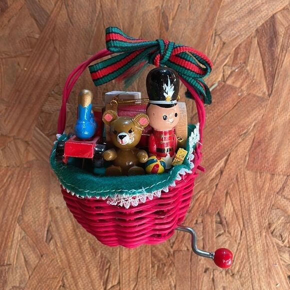Vtg red basket of Christmas toys wind up music box - Picture 2 of 7